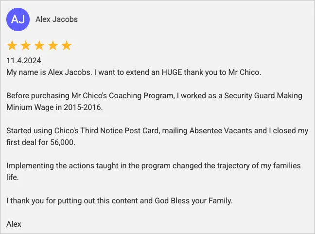Alex Jacobs, 5-star review. Went from a minimum-wage security guard job to a $56,000 first deal.