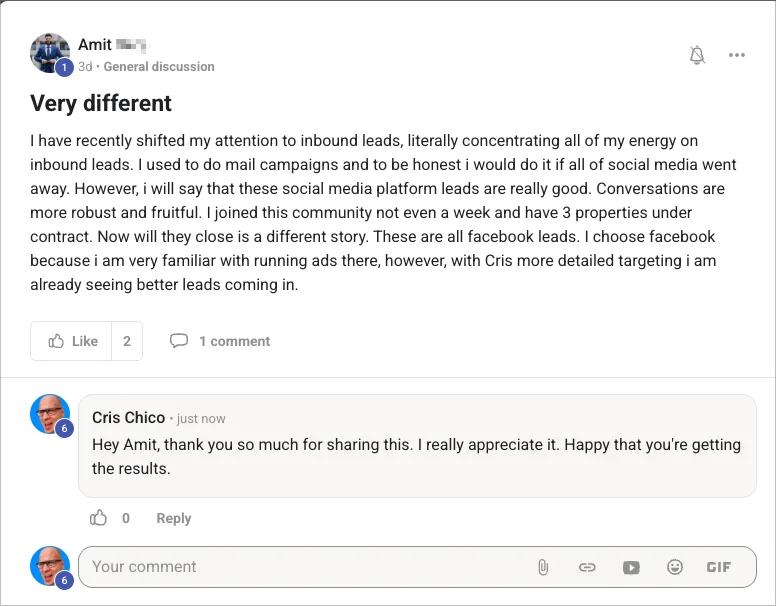 Amit. 3 properties under contract from Facebook leads in the first week in the community.