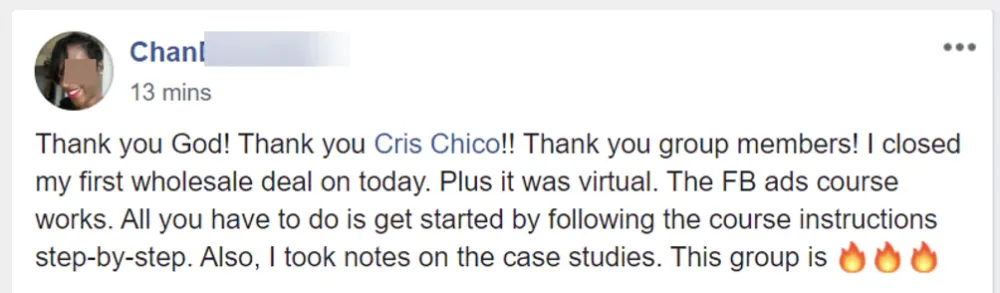 Community post: first wholesale deal closed virtually using the Facebook ads course.