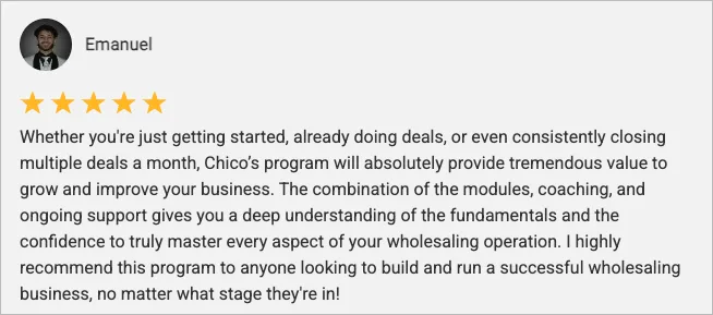 Emanuel, 5-star review. Recommends the program to wholesalers at any stage.