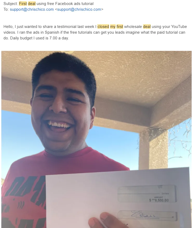 Client holding an $8,500 check from a first wholesale deal, run on Facebook ads in Spanish at $7 a day.