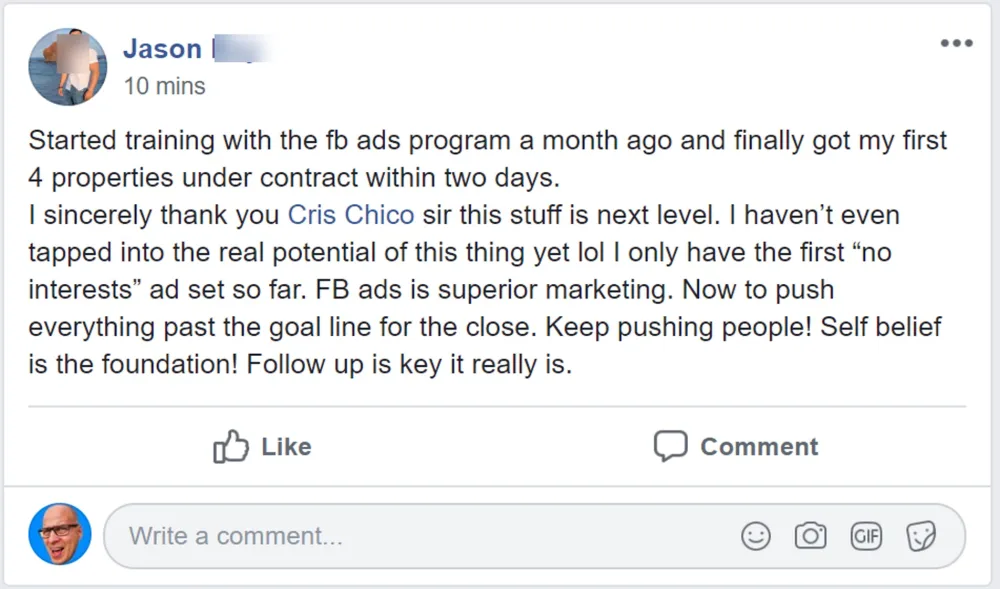 Jason. 4 properties under contract within two days, a month after starting the Facebook ads program.